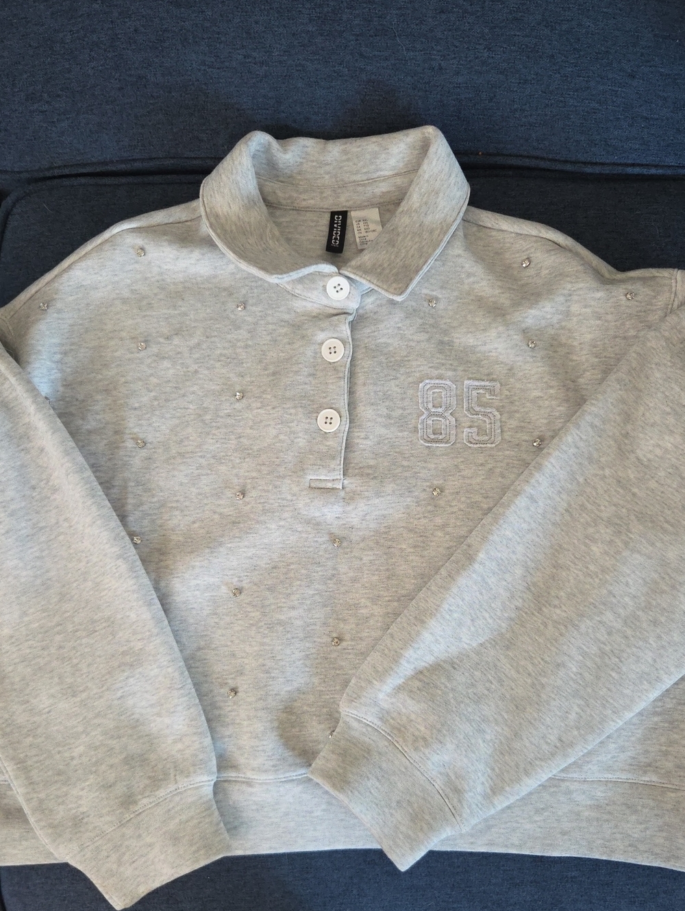 H&M Light Gray Crewneck Polo Sweatshirt with Rhinestones